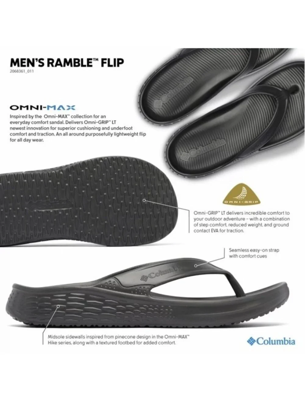NWT Columbia Flip Flops Mens Size 11 Black Ramble Omni Max Cushioned Rubber